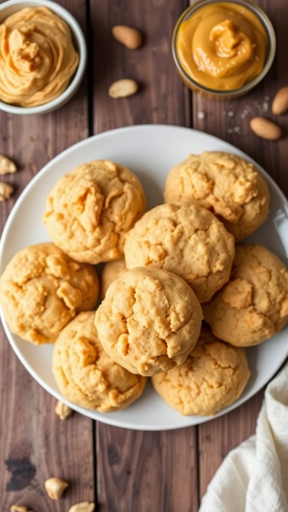 A plate of keto-friendly peanut butter biscuits with a bowl of peanut butter and peanuts, on a rustic table.